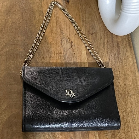 AUTH VINTAGE RARE DIOR BLACK LEATHER MINI FLAP BAG & GOLD ORIGINAL CHAIN - Picture 16 of 17